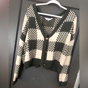 Dark green and ivory checkered sweater cardigan, women’s XXXL, boxy fit
